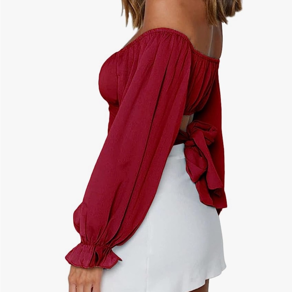 Red Puff Sleeve Blouse with Tie Front and Smocked Details - Picture 2 of 4
